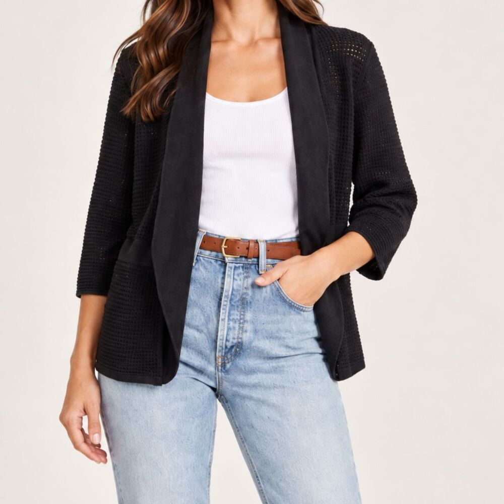 Black Mesh Cardigan Medium Open Front Crochet Knit Lightweight